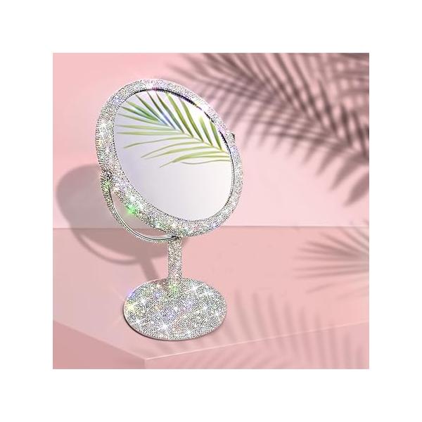 TISHAA Bling Makeup Vanity Mirror - Luxury Stand Double Sided Crystal Rhinestone Portable Desk Bathroom Bedroom (2X Magnification)