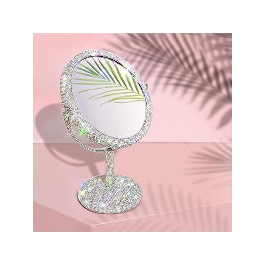 TISHAA Bling Makeup Vanity Mirror - Luxury Stand Double Sided Crystal Rhinestone Portable Desk Bathroom Bedroom (2X Magnification)