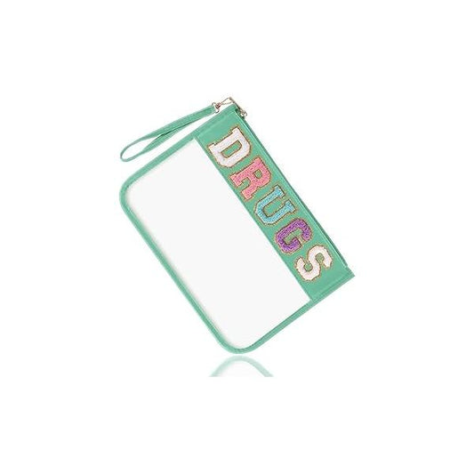 Chenille Letter Bag Clear MEDS Makeup Pouch, Preppy Small Medicine Travel Drugs Pills Zipper Pouch with Handle, Nylon Waterproof Portable Meds Toiletry Organizer for Patient Nurse(MEDS-Green)