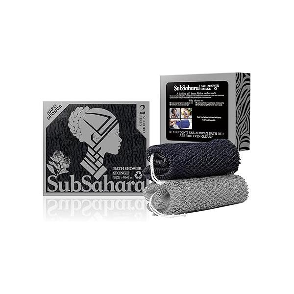 SubSahara Authentic African Net Sponge - 2 Pieces Exfoliating Scrubber for All Skin Types, Bath Face & Body, Travel Portable, Durable, Gentle Exfoliation (Golden Forest Green)