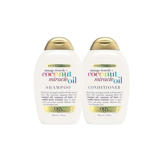 OGX Extra Strength Damage Remedy + Coconut Miracle Oil Shampoo & Conditioner for Dry, Frizzy or Coarse Hair, Hydrating Flyaway Taming Conditioner, Paraben-Free, Sulfate-Free, 13 Fl Oz, 2 Pack