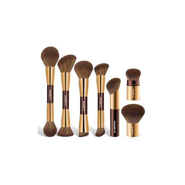 MAANGE 7pcs Makeup Brush Set Double Sided Kabuki Brushes Contour for Foundation Liquid Powder Concealer Cream Cosmetics Bronzer Blending Blush Buffing Tools (Coffee)