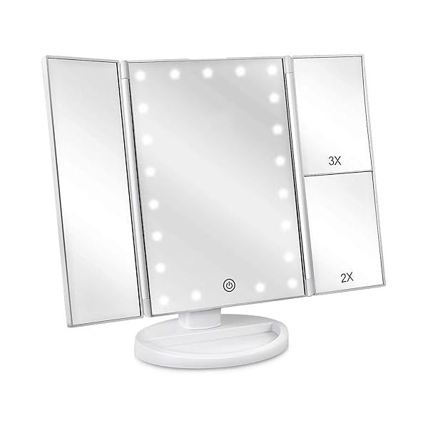 deweisn Floor Mount Tri-Fold Lighted Vanity Mirror with 21 LED Lights, Touch Screen and 3X/2X/1X Magnification, Two Power Supply Modes Make Up Mirror,Travel