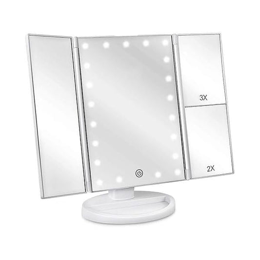 deweisn Floor Mount Tri-Fold Lighted Vanity Mirror with 21 LED Lights, Touch Screen and 3X/2X/1X Magnification, Two Power Supply Modes Make Up Mirror,Travel