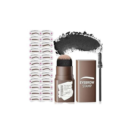 Eyebrow Stamp Stencil Kit - Long-Lasting Powder with Blush, Waterproof & Smudge-Proof Brow Shaping 24 Reusable Thin Thick Stencils for Voluminous (Dark Brown)