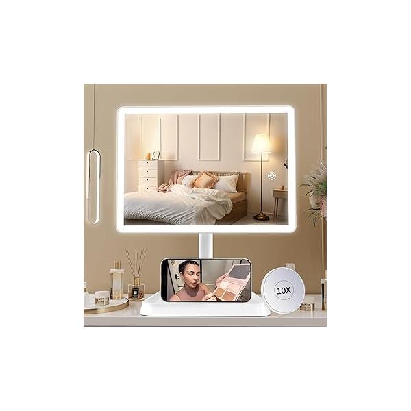 FUNTOUCH Rechargeable Lighted Mirrors for Makeup, 2000mAh, 10X Magnification/3 Color Lighting Portable Tabletop Cosmetic Make Up Mirror, 360° Rotation Led Light up with Storage