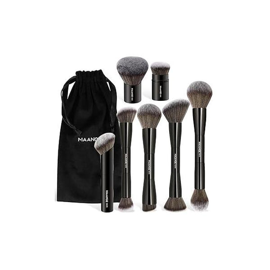 MAANGE 7pcs Makeup Brush Set Double Sided Kabuki Brushes Contour for Foundation Liquid Powder Concealer Cream Cosmetics Bronzer Blending Blush Buffing Tools (Coffee)
