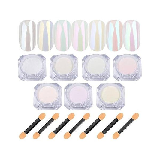 7 Colors White Pearl Chrome Nail Powder Aurora Metallic Holographic Mirror Effect Iridescent Shell Glitter Art Pigment Manicure for Nails (White Pearl)