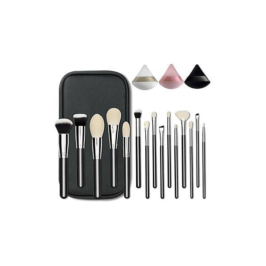 Professional Natural Travel Goat Hair Makeup Brushes with case, 15Pcs Kabuki Face Powder & Eye Brush set With Ultra Soft Premium Dense Hair, Valentines Day Gifts
