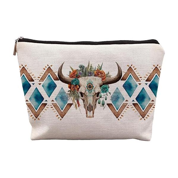 Aztec Makeup Bag, Ethnic Western Southwestern Navajo Cosmetic Bag for Women, Cow Gifts Geometric Wood Art Pouch