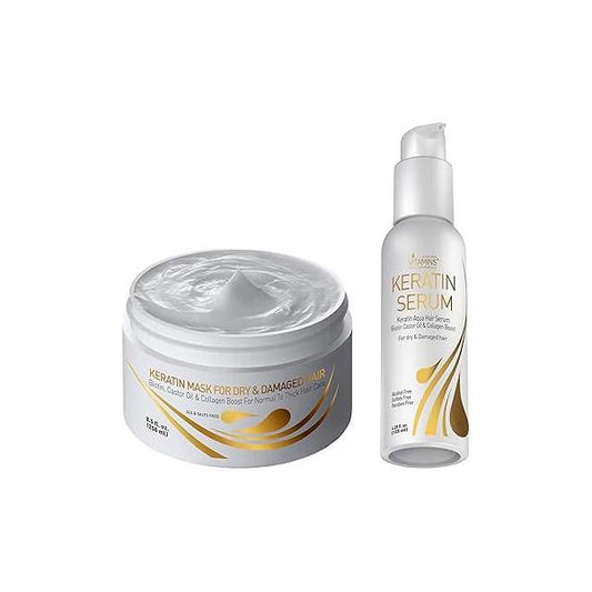 Vitamins Keratin Hair Treatment Kit - Repair Mask and Serum for Dry, Damaged, Curly, Wavy or Coarse Hair, with Heat Protectant, Anti-Frizz Gloss Boost Pro Salon Care