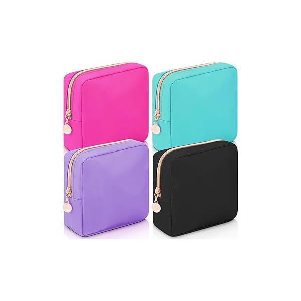 Hushee 4 Pcs Nylon Makeup Bag Preppy Zipper Pouch Waterproof Toiletry Storage for Women(Mini,Black, Fuchsia, Mint, Grape)