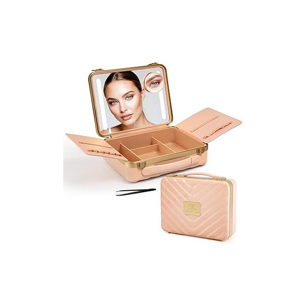 Lighted Makeup Case with Mirror - Portable Travel Organizer light up Mirror, 3 Light Settings, Rechargeable Bag and Lights Mini 10x magnifying included