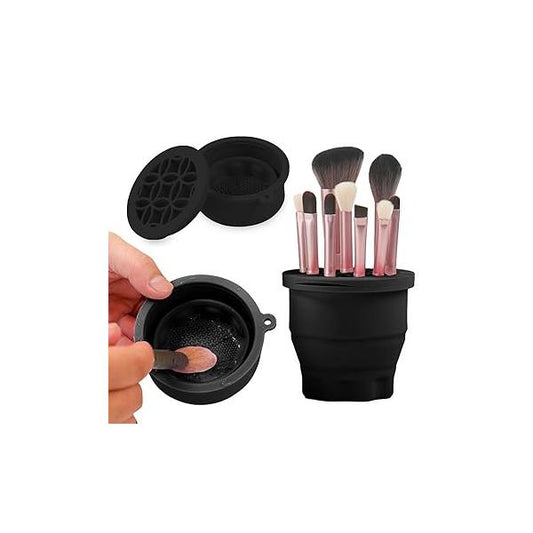 Makeup Brushes Cleaner Mat with Brush Storage Holder, Folding Portable Washing Tool for Cleaning, 2 In 1 Silicone Pad & Cosmetic Organizer Rack (Purple)