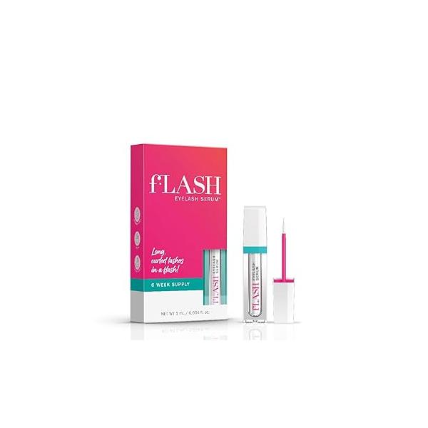 fLASH Eyelash Serum for Long, Curled Natural Lashes - Enhances & Strengthens, Safe Effective Formula Contact Wearers Sensitive Eyes, 3 Month Supply 2mL (0.07 Fl Oz)