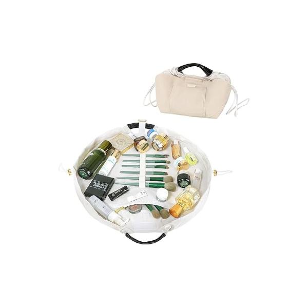 Vomgomfom 20 inch Drawstring Makeup Bag Open Flat,Waterproof Magic Cosmetic Pouch for Women,Pink