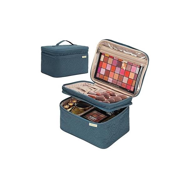 NISHEL Large Double Layer Travel Makeup Bag Women, Cosmetic Case, Organizer for Travel-Size Accessories Bottles, Brushes, Conditioner, and Skin Care Products, Rose-wood Pink