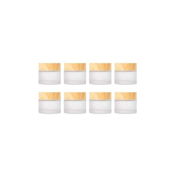 ConStore 8pcs Frosted Glass Cream Jar Bottle with Wood Grain Lid Refillable Mini Lotion Jars Empty Cosmetic Containers for Makeup Lip Balms Eyeshadow (10g)