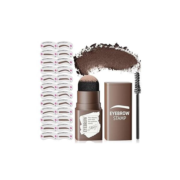 Eyebrow Stamp Stencil Kit - Long-Lasting Powder with Blush, Waterproof & Smudge-Proof Brow Shaping 24 Reusable Thin Thick Stencils for Voluminous (Dark Brown)