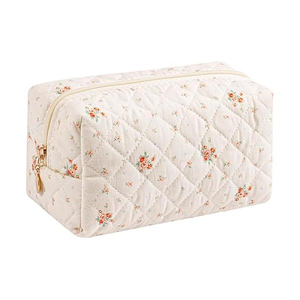 Gleyemor Small Quilted Makeup Bag for Women, Cute Floral Cotton Cosmetic Bag, Travel Toiletry Period Gifts Her Mom Friend Sister Bridesmaid (Purple Flower)