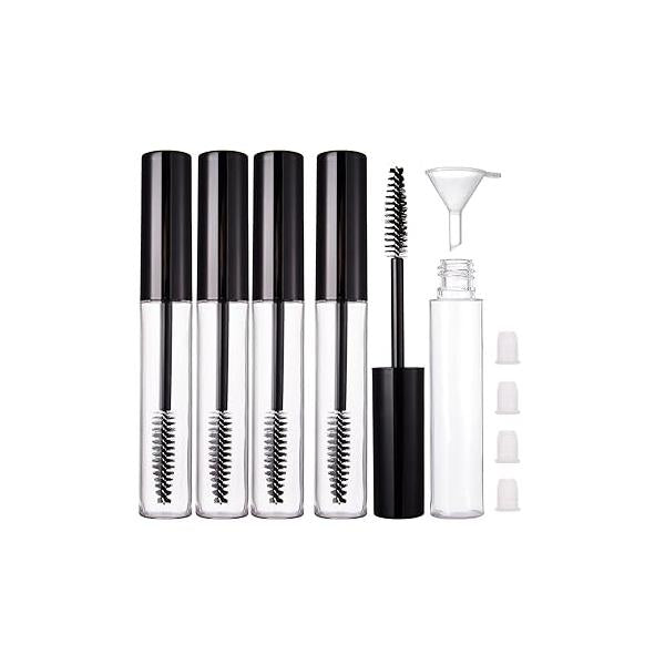 YITOU 4 Pack 10ml Empty Mascara Tube with Brush Wand, Refillable Eyelash Cream Container DIY Cosmetics Bottle for Castor Oil, Eyebrow Growth Serum, Coconut Rubber Inserts, 1 Funnel, Black