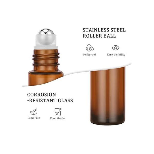 4 Pack, 10ml Essential Oil Roller Bottles, Amber Glass Balls for Oils, Empty Rollerball Bottles Travel Refillable Roll on Perfume with Caps