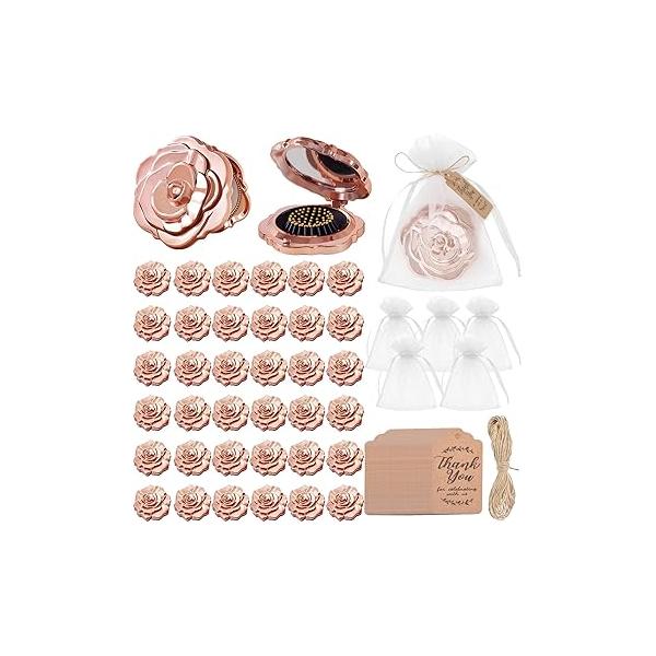 Jicoyin 36 Sets Rose Compact Mirrors Brush Bulk Quinceanera Wedding Party Favors Including Hair and Thank You Tags with White Organza Bags for quinceañeras Guests Souvenir Gift