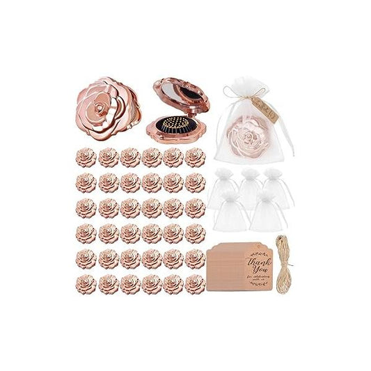 Jicoyin 36 Sets Rose Compact Mirrors Brush Bulk Quinceanera Wedding Party Favors Including Hair and Thank You Tags with White Organza Bags for quinceañeras Guests Souvenir Gift