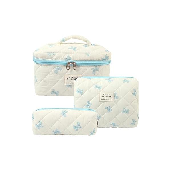 Makeup Bag, 3 PCS Quilted Cute Floral Cotton Cosmetic Bag set, Coquette Pouch Large Travel Toiletry