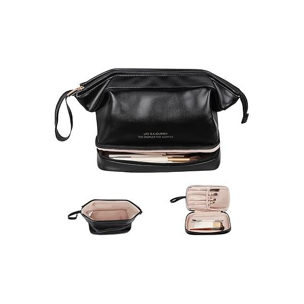 Abiudeng Large Capacity Makeup Bag Ladies Cosmetic Travel with Compartments Portable PU Leather Handle