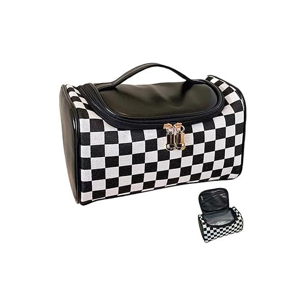 Checkered Makeup Bag Travel Purse Toiletry Women Cute Cosmetic Case Portable Hanging Organizer for Essentials (Black)