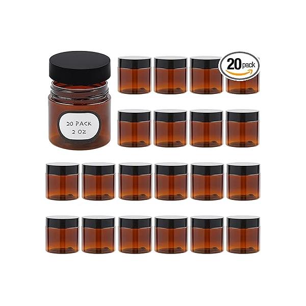20 Pack 2 oz Amber Plastic Jars with Lids and Labels, Empty Salve Containers Refillable Cosmetic for Creams, Lotion, Body Scrubs