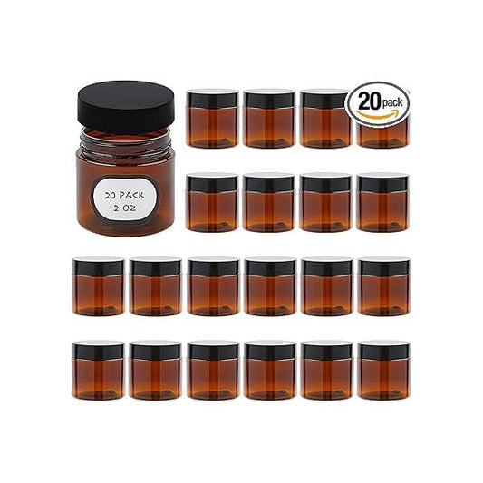20 Pack 2 oz Amber Plastic Jars with Lids and Labels, Empty Salve Containers Refillable Cosmetic for Creams, Lotion, Body Scrubs