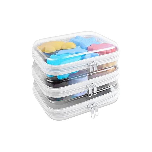 Clear Hard Shell Zipper Case 3 Pack Transparent Storage Box Containers Makeup Pouches for Small Item Waterproof Cosmetic Organizer Bags Travel Toiletries (White,8"x 4")