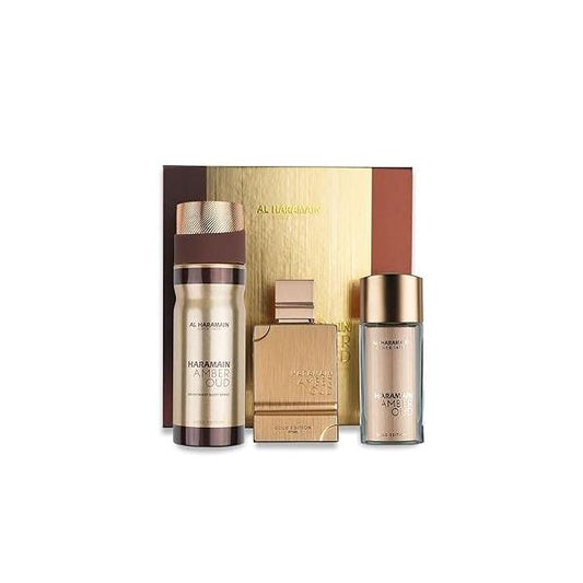 Al Haramain Amber Oud Gold Edition 3 Pc Gift Set for Unisex - Luxury Cologne & Perfume Men Women 2.5 oz EDP Spray, 1 6.6 Body Spray Arabian Arabic Long Lasting Fragrance
