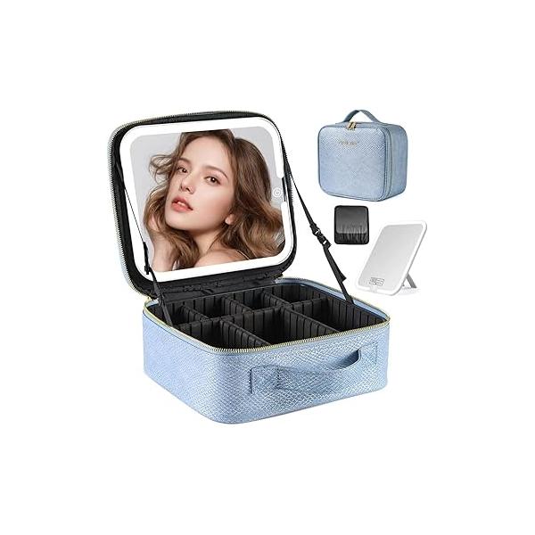 Portable Travel Cosmetic Bag with LED, 3-color Adjustable Organizer, Women's Case, Mirror Makeup Case Rechargeable (Pink)