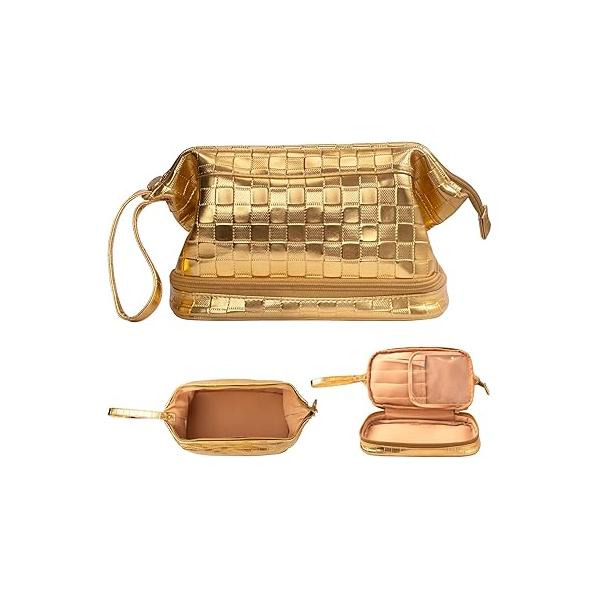 Abiudeng Large Capacity Makeup Bag Ladies Cosmetic Travel with Compartments Portable PU Leather Handle