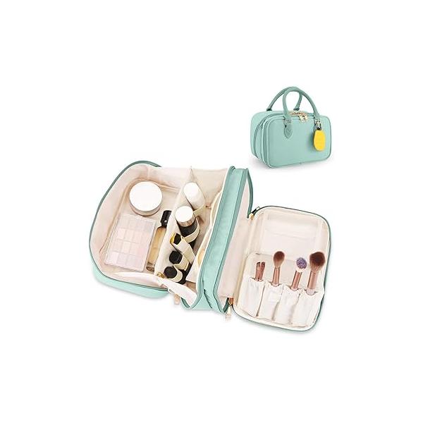 Travel Makeup Bag for Women Fashion Large Capacity Pouch Open Flat Cosmetic Portable Organizer Waterproof Opening Storage Toiletry Bags Vertical Free-Standing Brush Holder Easy Access Black