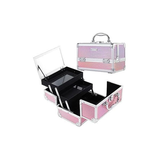FRENESSA Makeup Box Organizer Portable Cosmetic Train Case Travel with Mirror Locking Make Up Cases Organizers and Storage for Girls Nail Supplies Hard Pink