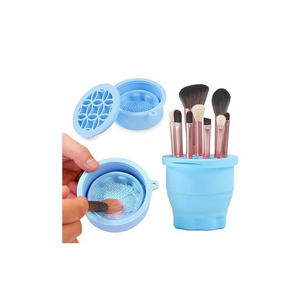 Makeup Brushes Cleaner Mat with Brush Storage Holder, Folding Portable Washing Tool for Cleaning, 2 In 1 Silicone Pad & Cosmetic Organizer Rack (Purple)