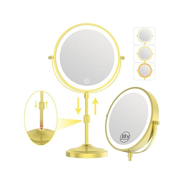 9" Lighted Makeup Mirror with 1X 10x Magnification, 5000mAh Rechargeable Led Magnifying Vanity mirror lights, 3 Lighting Colors, Brightness Dimmable Height Adjustable Cosmetic Black