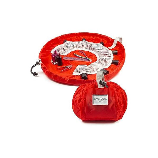 Lay-n-Go NailSpa Drawstring Cosmetic Bag - Portable Nail Supplies Organizer w/ 8 Elastic Mesh Pockets & Circular Center Durable, Machine Washable Kit (18", Blue Polka Dot)