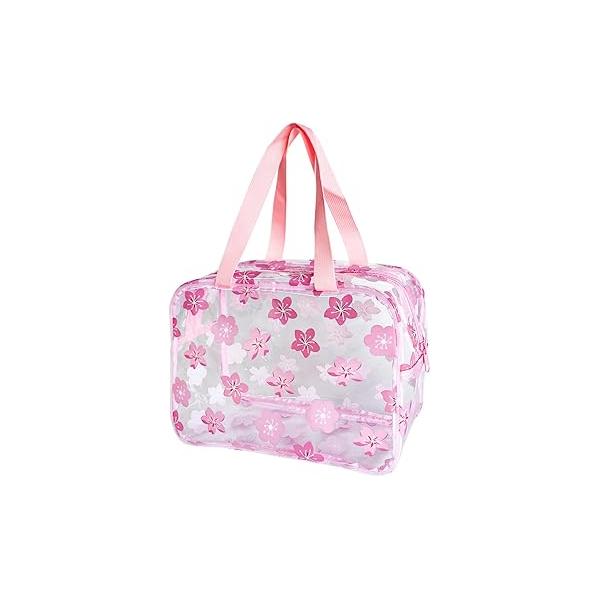 Clear Printed Floral Cosmetic Bag and Travel Pouch with Handle-Durable PVC Material,Versatile,Zipper Design for Smooth Sliding-Ideal Makeup,Travel Essentials (Pink Floral#1-L)