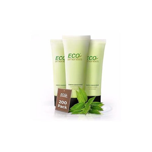 ECO AMENITIES Travel Size Conditioner - 200 PACK, 30mL, 1 oz Hotel Bulk Supplies for Guests Green Tea Scent Eco Conditioner, Mini with Flip Cap, Clear Container
