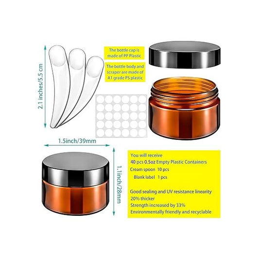 MotBach 40 PCS 15g Amber Plastic Containers with Black Lids,Small Makeup Sample Containers,0.5oz Small Pot Jars Round Travel Cosmetic Spatulas for Liquid Powder Cream Lotion