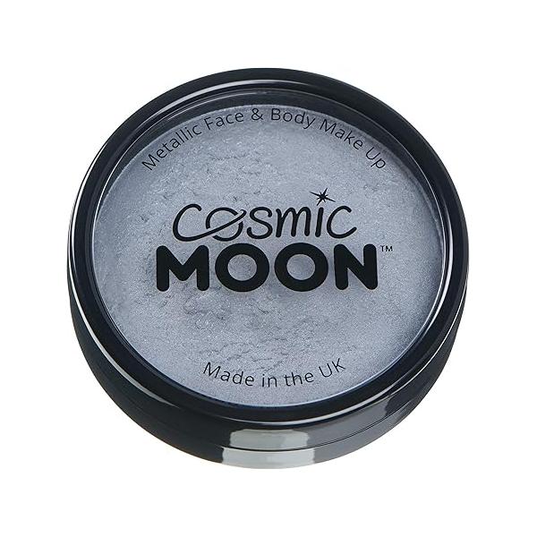Metallic Pro Face & Body Paint Cake Pots by Cosmic Moon - Silver Professional Water Based Makeup for Adults, Kids 1.26oz