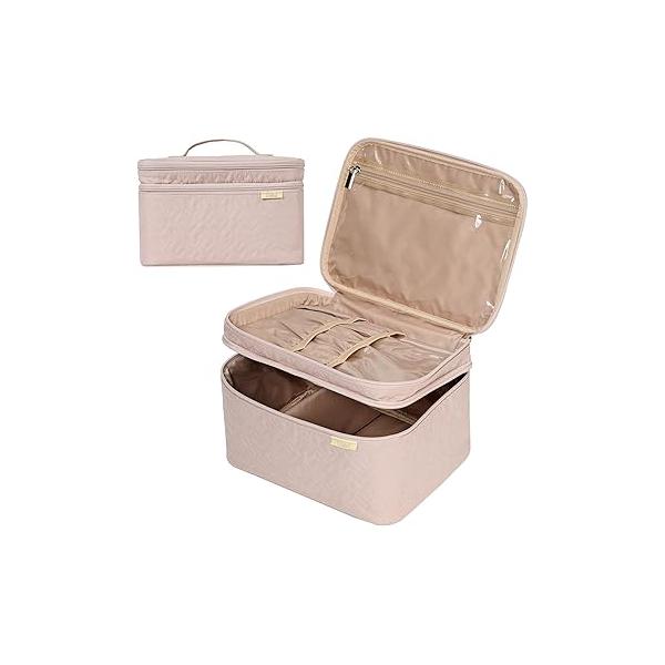 NISHEL Large Double Layer Travel Makeup Bag Women, Cosmetic Case, Organizer for Travel-Size Accessories Bottles, Brushes, Conditioner, and Skin Care Products, Rose-wood Pink