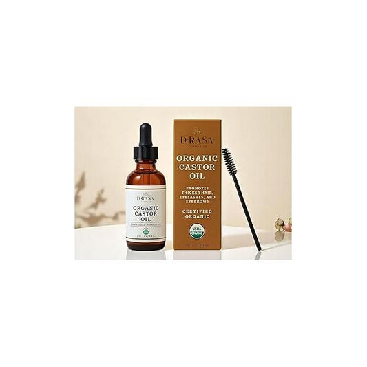 Organic Castor Oil- 100% Pure, Extra Virgin (2oz Glass Bottle), Cold-Pressed, Hexane-Free, Promotes Growth of Hair, Eyebrows & Eyelashes, For Oil Packs, With Free Eyebrow Brush
