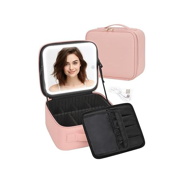 Makeup Bag With LED Mirror, Travel Case with Light up Mirror Large Cosmetic 3 Color Lighted Portable Organizer Adjustable Dividers（Black）