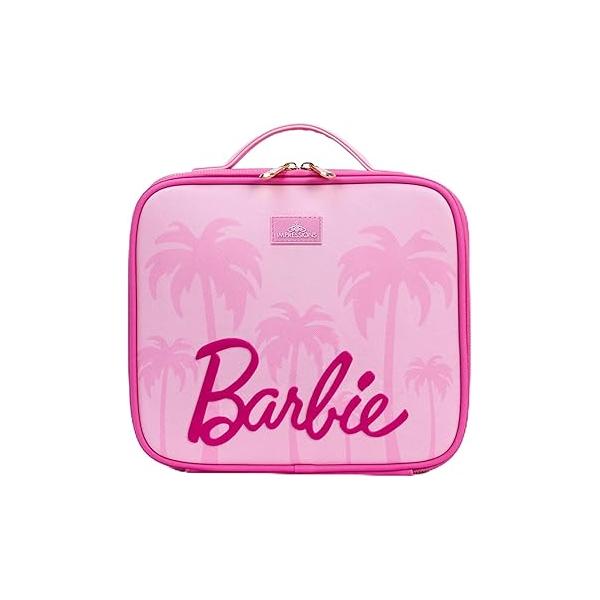 Impressions Vanity Barbie Handheld Travel Cosmetic Bag for Girls, Faux Leather Makeup Organizer Case with Removable Dividers, Brush Holder, Golden Zipper, and Pocket Compartments (Pink)